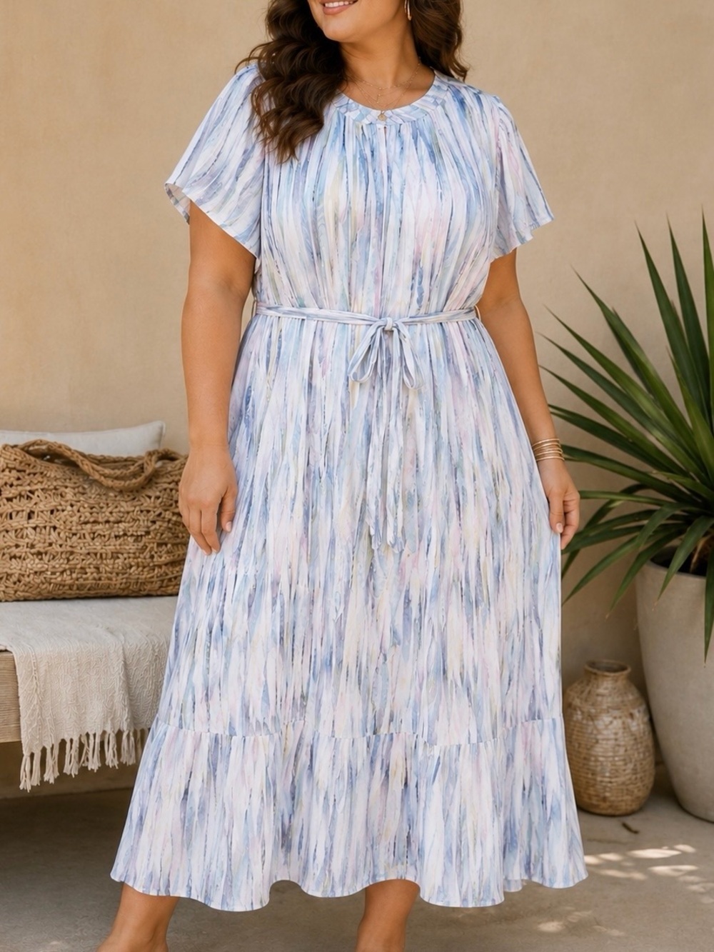 NWOT Side Stitch ‘Flutter Sleeve Belted Dress’ in “Watercolor” Blue Plus Size 3X